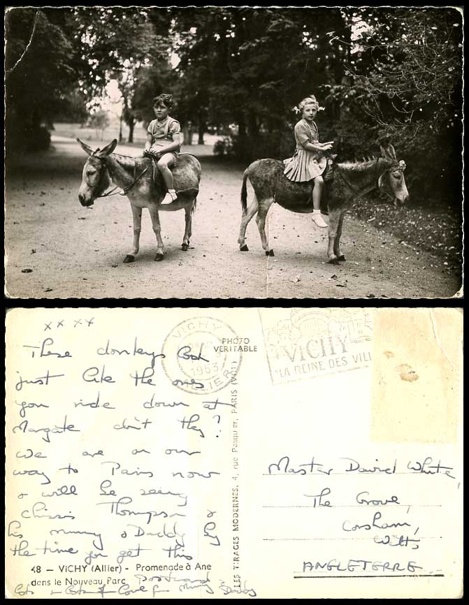 Little Girls Donkey Ride, New Park Donkeys Riders Vichy Allier 1953 Old Postcard