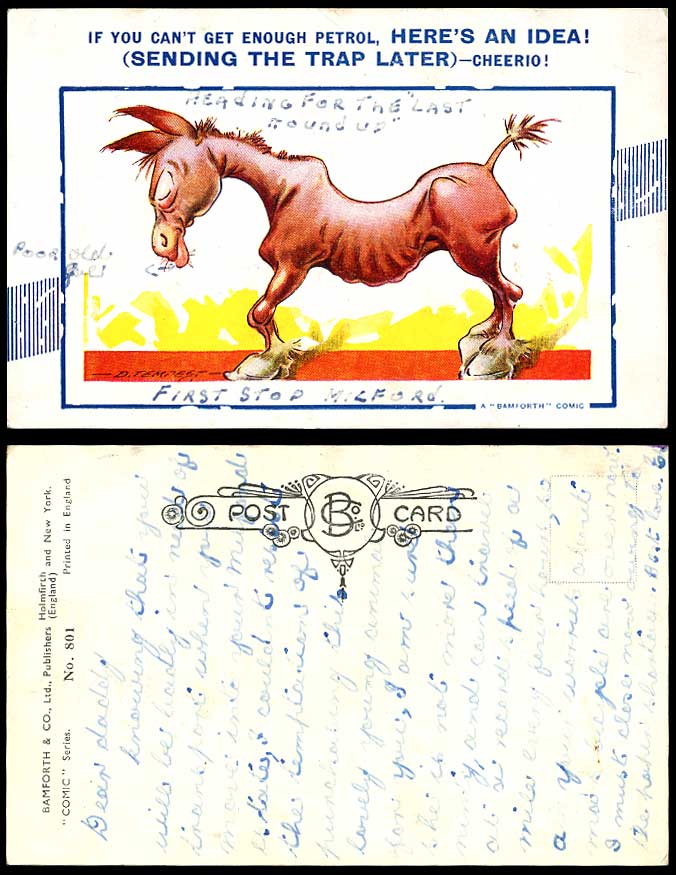 D TEMPEST Old Postcard Donkey If Can't Get Petrol Here's an Idea Send Trap Later
