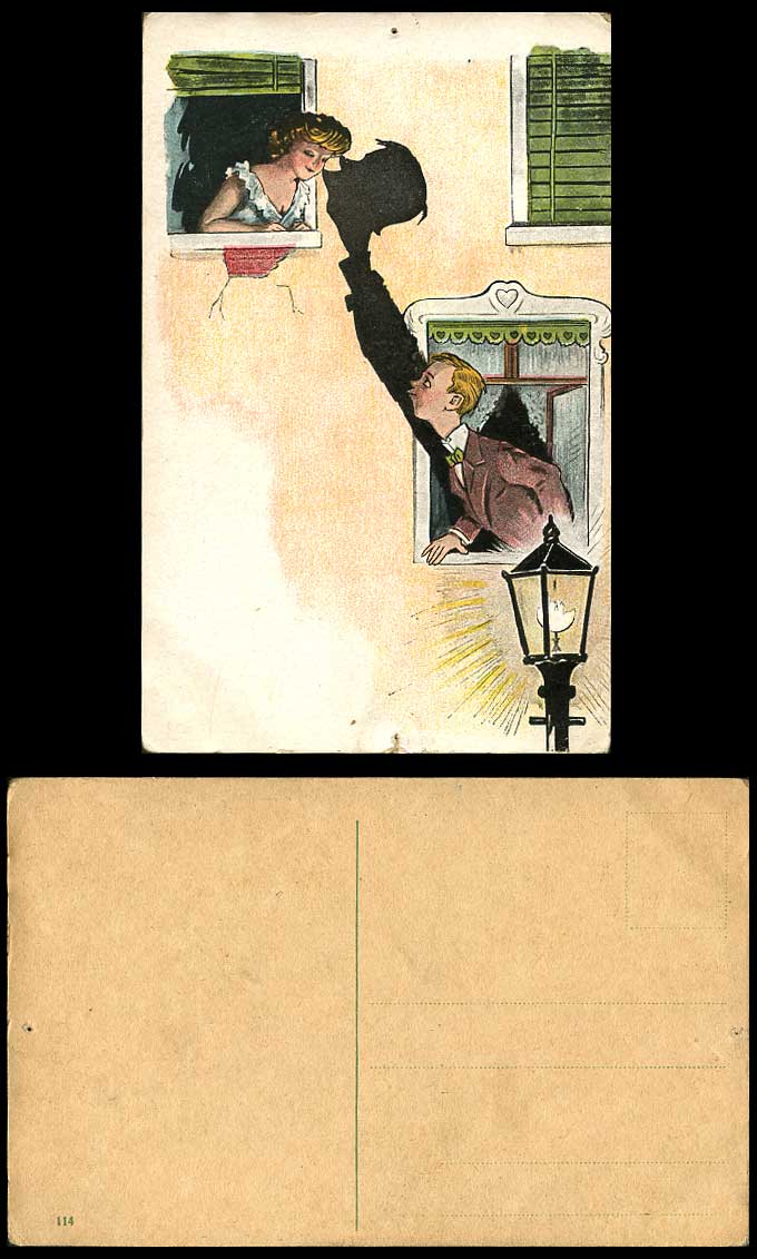 Man's Shadow Kissing Girl Lady Woman, Windows, Comic Humour Romance Old Postcard