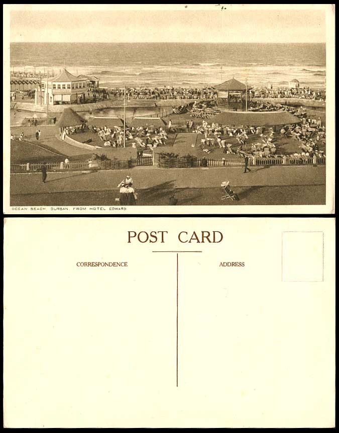 South Africa Old Postcard Durban Ocean Beach from Hotel Edward Bandstand Seaside
