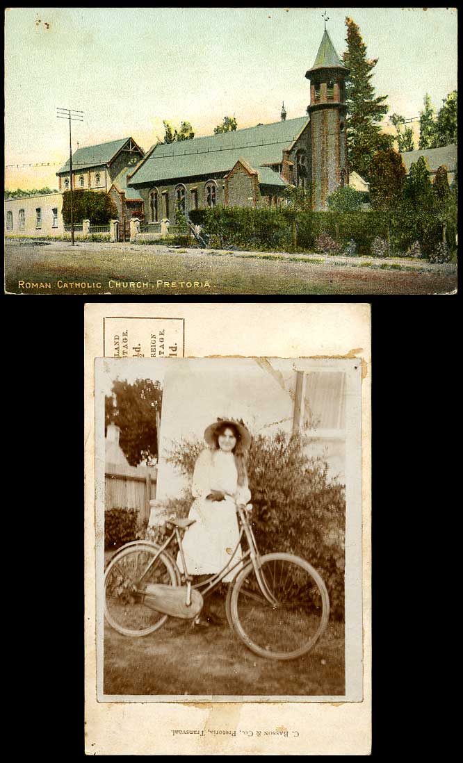 South Africa Pretoria Roman Catholic Church Old Postcard Girl with Bicycle Photo