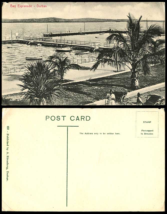South Africa, Bay Durban, Boats in Harbour, Ricksha Boys Palm Trees Old Postcard