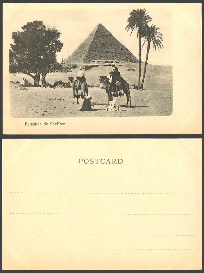 Egypt Old UB Postcard Cairo Pyramid Pyramide de Cheffren Camel Riders Palm Trees