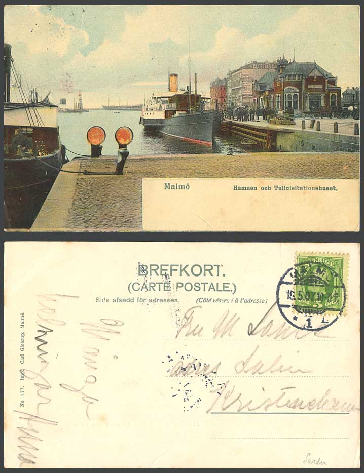 Sweden 5o 1907 Old Postcard Malmo Tullvisitationshuset, Customs House Lighthouse