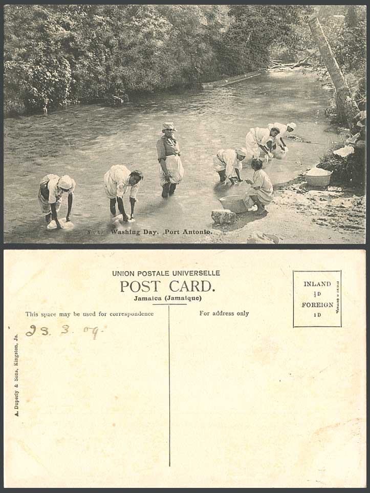 Jamaica 1909 Old Postcard Washing Day Port Antonio, Native Washerwomen in River