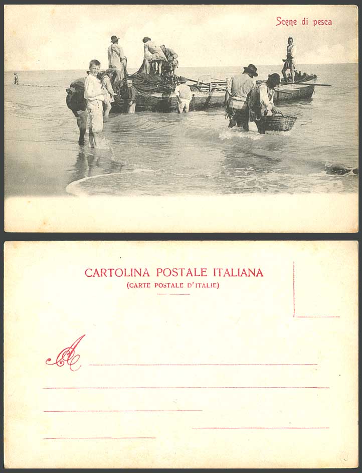 Italy Old UB Postcard Scene di pesca, Fishermen Fishing Boats Fishery, Beach Boy