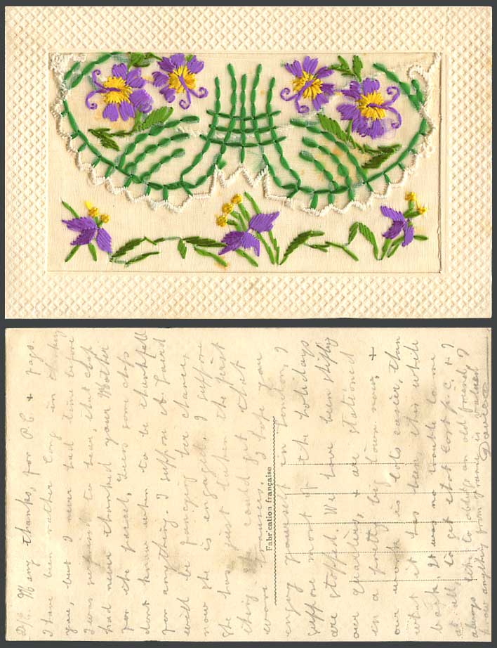 WW1 SILK Embroidered Old Postcard Yellow and Purple Flowers Empty Wallet Novelty