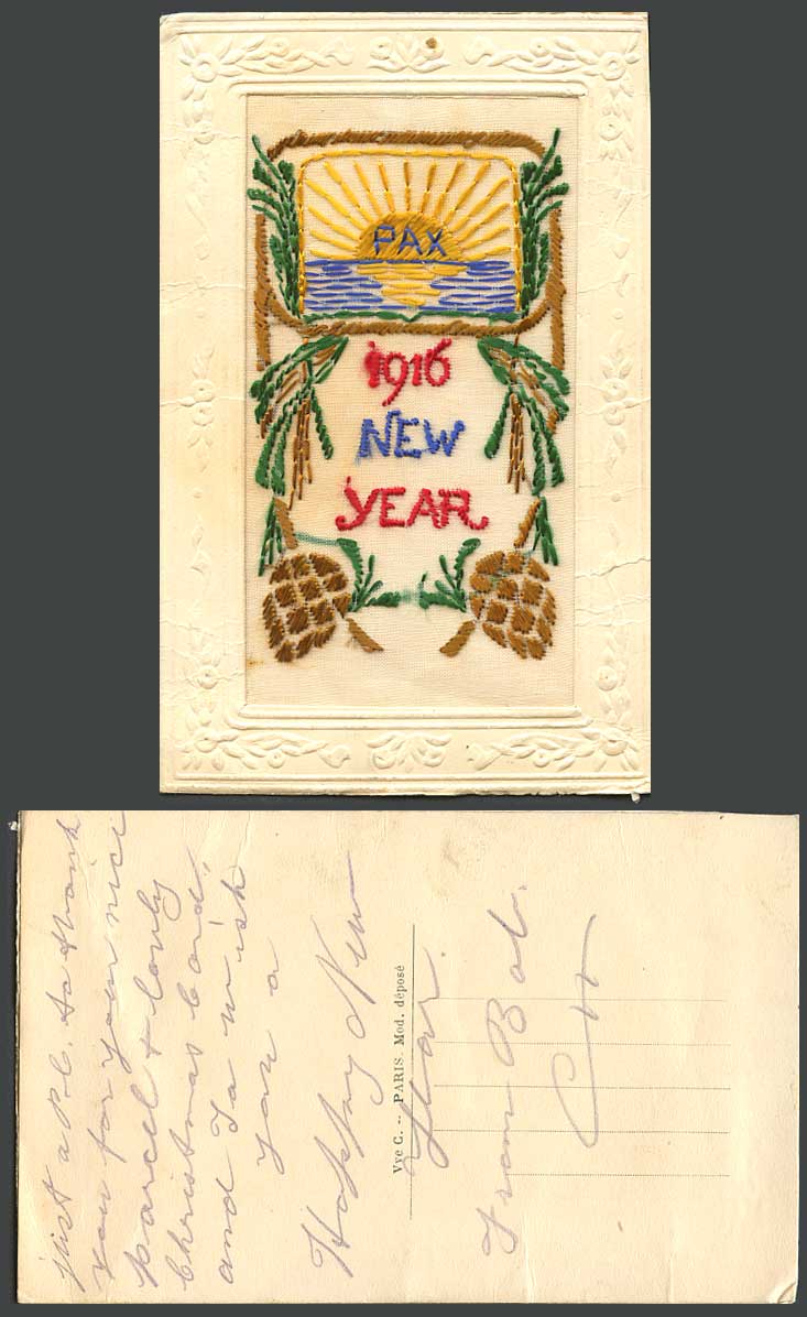 WW1 SILK Embroidered 1916 Old Postcard PAX 1916 New Year Sun Rays Sea Pine Cones