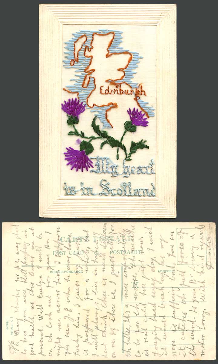 WW1 SILK Embroidered Old Postcard MAP My Heart is in Scotland Edinburgh Thistles