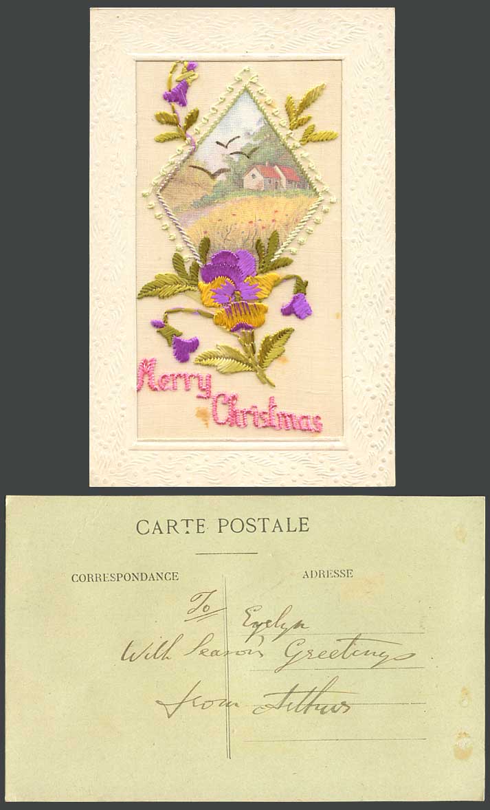 WW1 SILK Embroidered Old Postcard Merry Christmas Xmas Cottage House Bird Flower