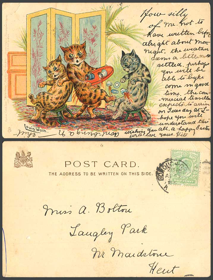 LOUIS WAIN Cats Kittens, How Silly of Me, Tuck's Write Away 1905 Old UB Postcard