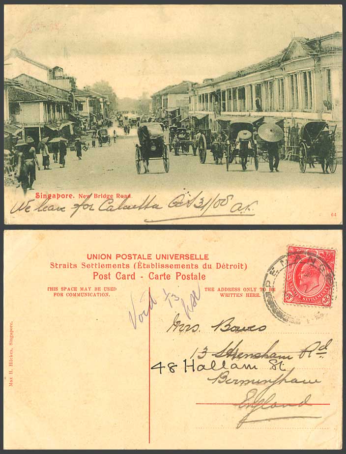 Singapore KE7 3c 1908 Old Postcard New Bridge Road Street Scene Rickshaw Coolies