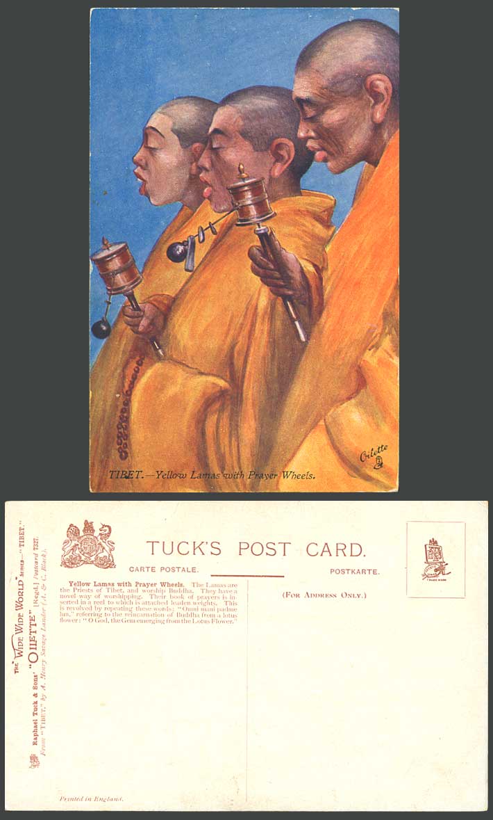 TIBET China India Old Tuck's Oilette Postcard Tibetan YELLOW LAMAS PRAYER WHEELS