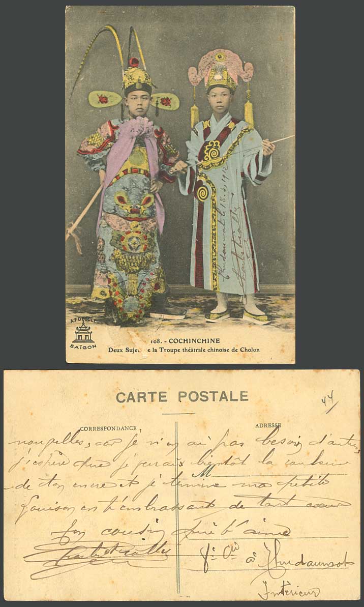 Indo-China Old Hand Tinted Postcard Cochinchine 2 Chinese Actors Cholon Theatre