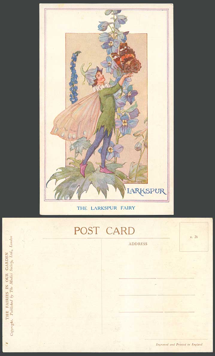 Margaret W Tarrant Old Postcard Larkspur Fairy Fairies in Our Garden & Butterfly