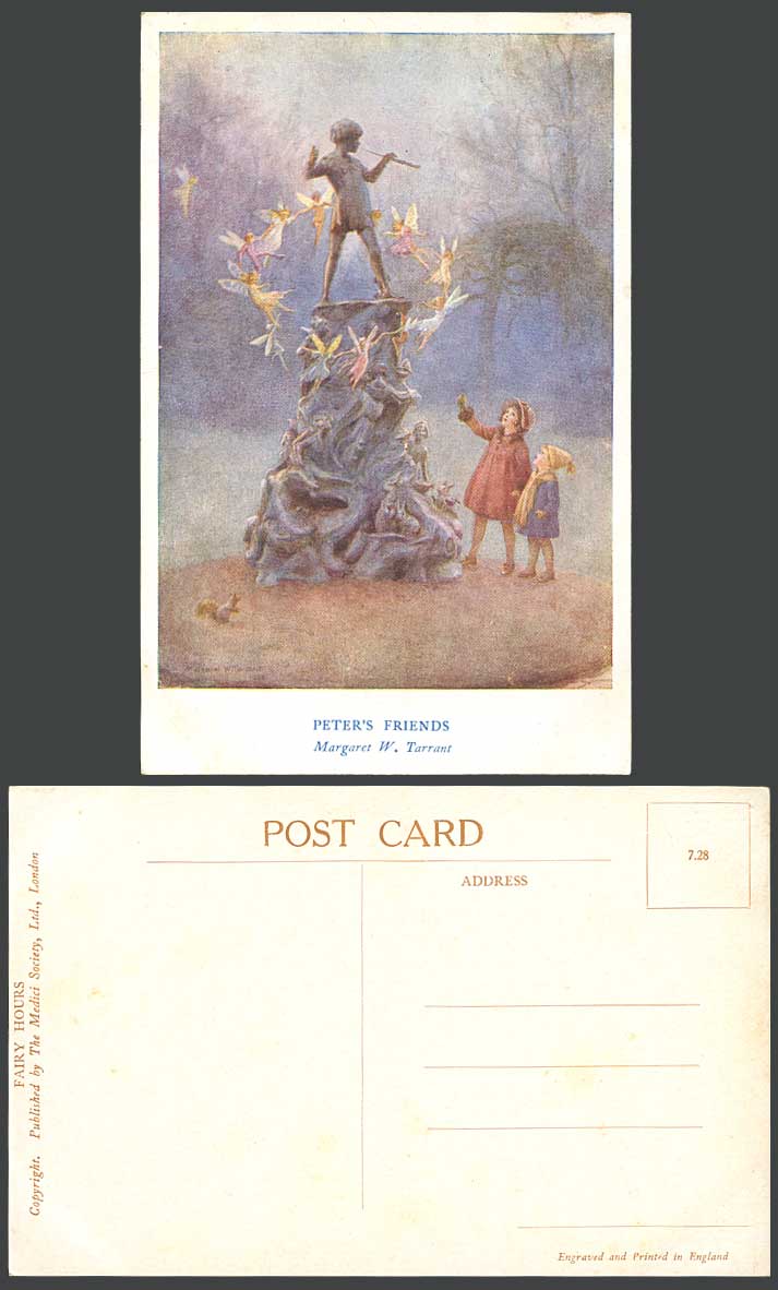 Margaret W. Tarrant Old Postcard Peter's Friends, Peter Pan Statue Fairies Girls