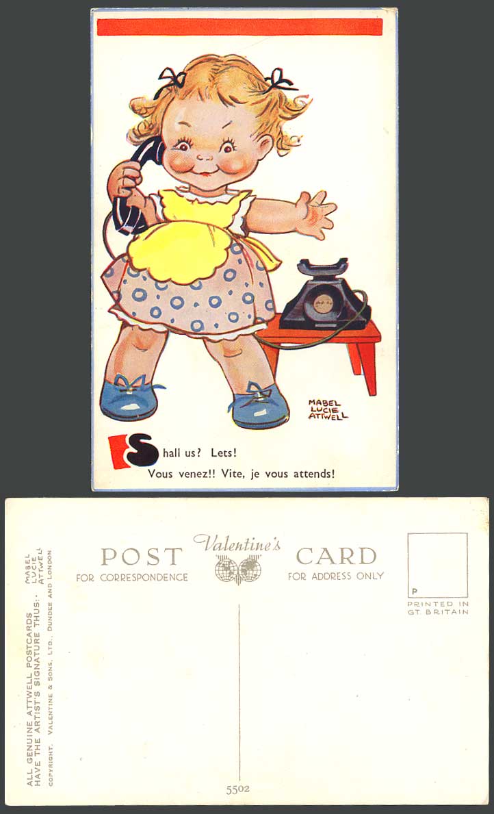 MABEL LUCIE ATTWELL Old Postcard Shall Us? Lets! Telephone, French Caption 5502