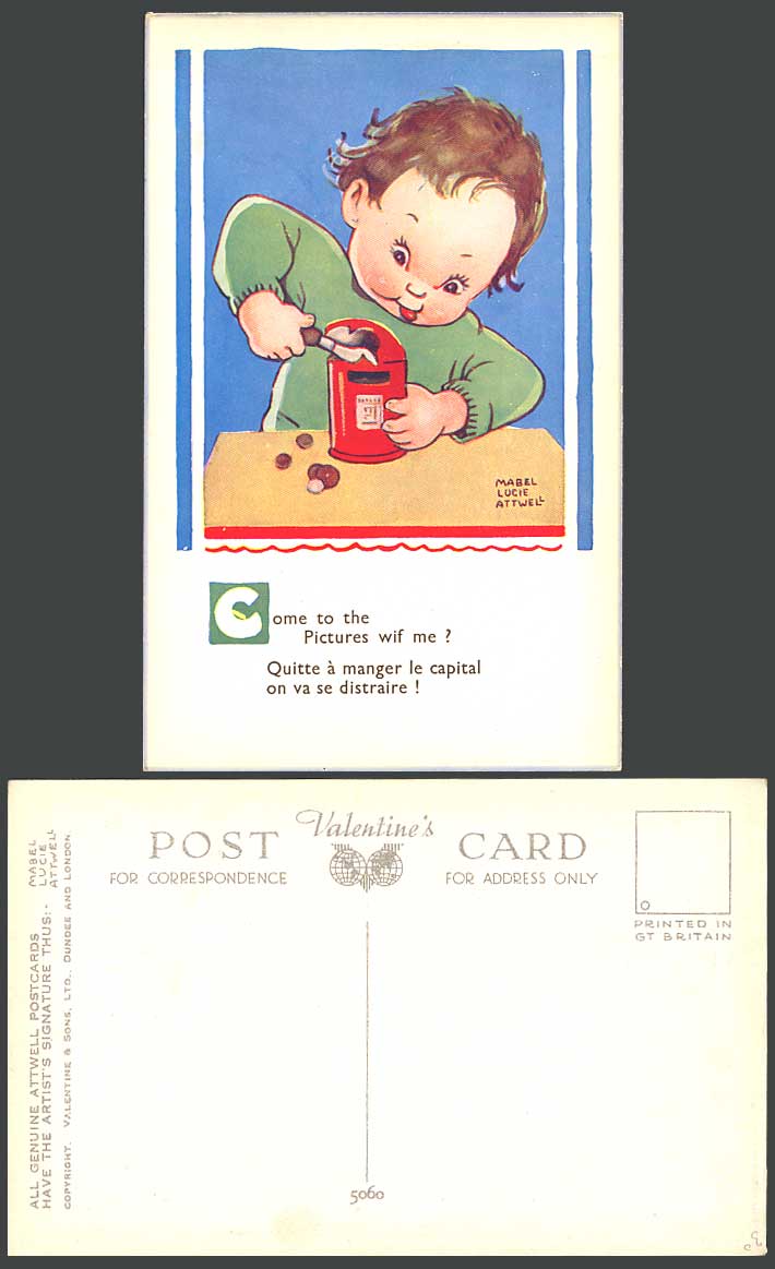 MABEL LUCIE ATTWELL Old Postcard Come to Pictures With Me? Girl, Piggy Bank 5060