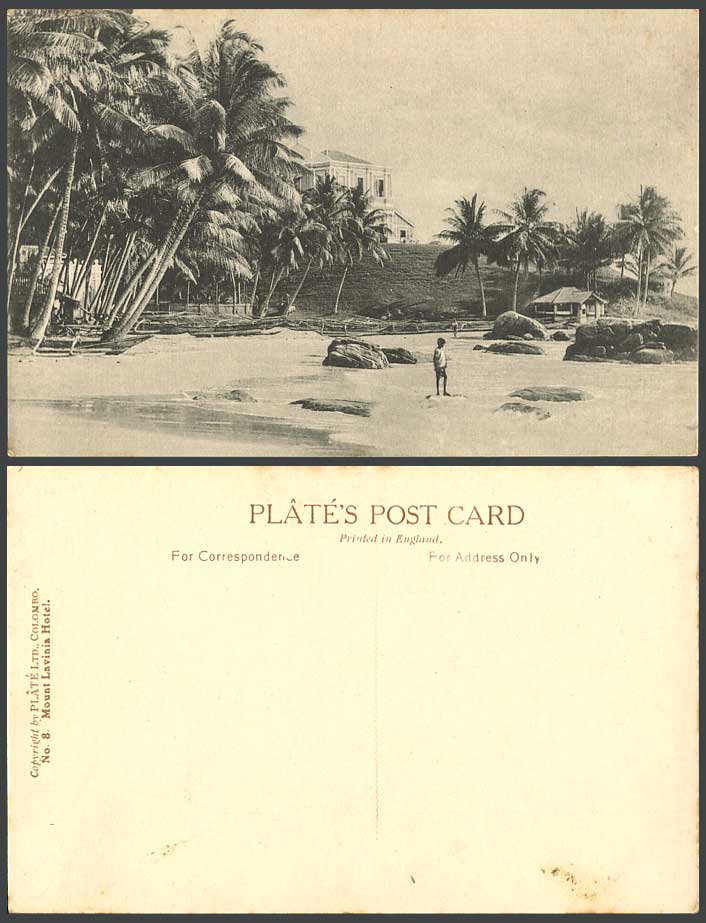 Ceylon Old Postcard Mount Lavinia Hotel Palm Trees Boy Seashore Beach Rocks No.8