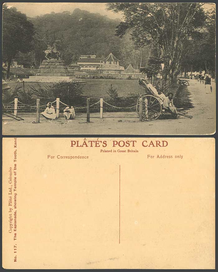 Ceylon Old Postcard Esplanade Temple of Tooth Kandy Rickshaw Coolie Street Statu