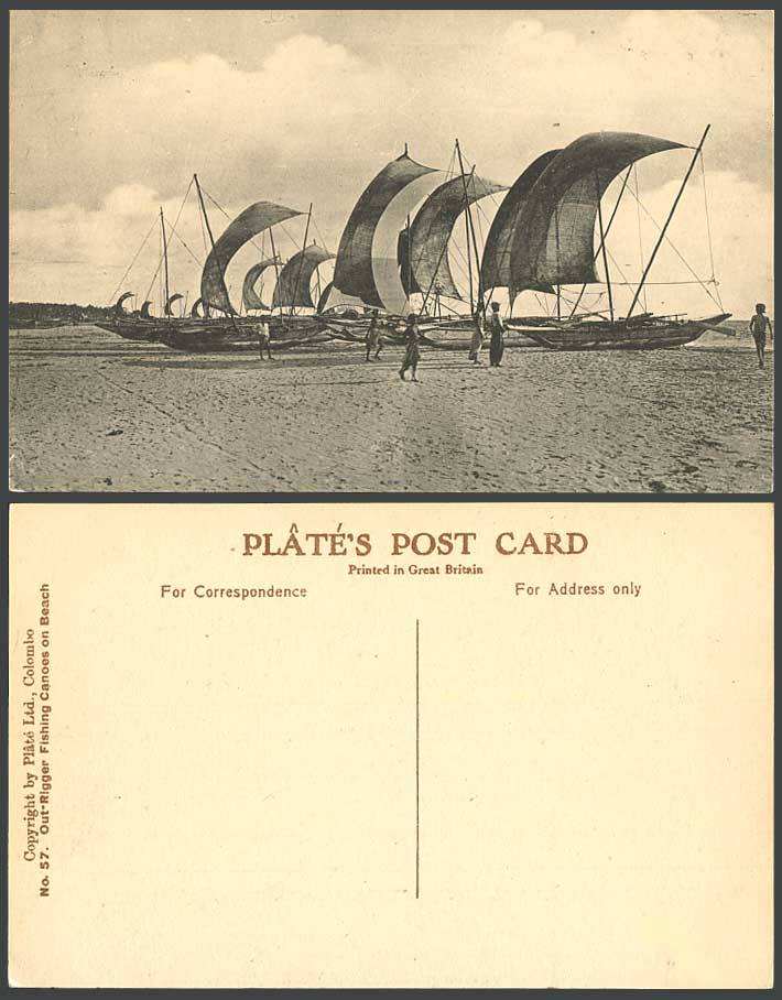 Ceylon Old Postcard Out-Rigger Fishing Canoes Boats on Beach, Fishery, Fishermen