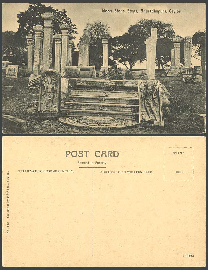 Ceylon Old Postcard Moon Stone Steps Anuradhapura Ruins Carvings Columns Pillars