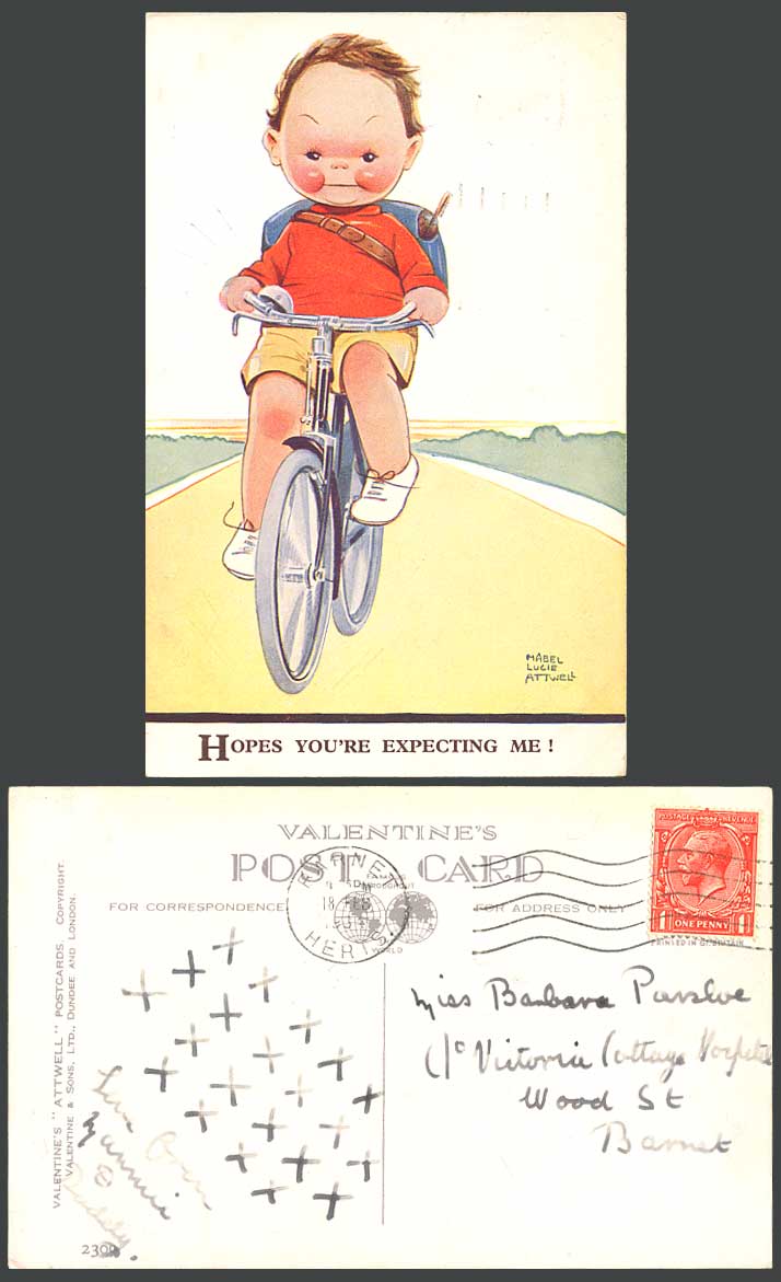 MABEL LUCIE ATTWELL 1934 Old Postcard Cyclist Bicycle You Are Expecting Me! 2309