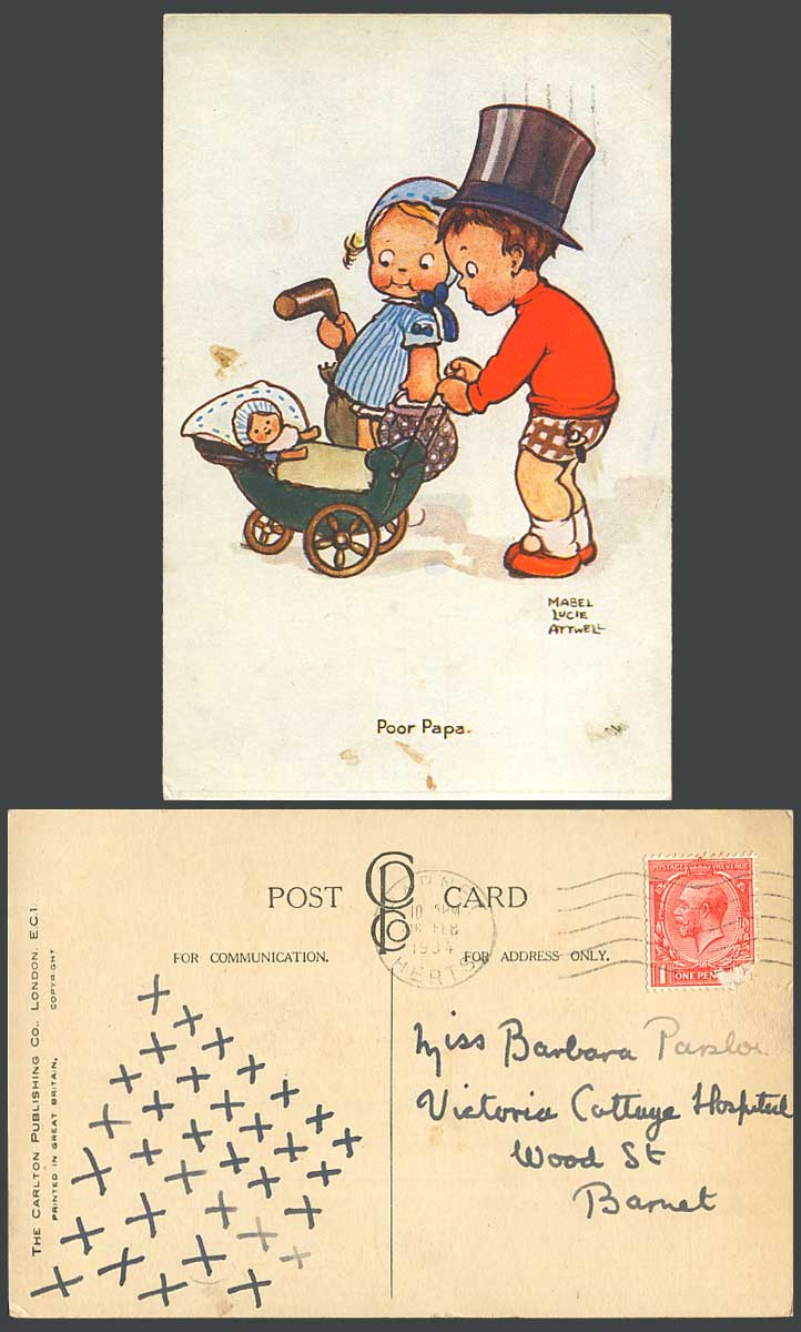 MABEL LUCIE ATTWELL 1934 Old Postcard Poor Papa, Baby Push Chair, Boy Girl, Doll