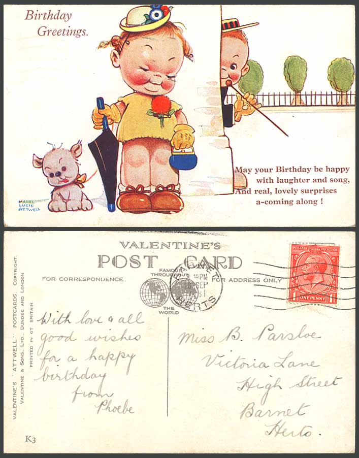 MABEL LUCIE ATTWELL 1931 Old Postcard Birthday Happy Laughter Song, Dog Puppy K3