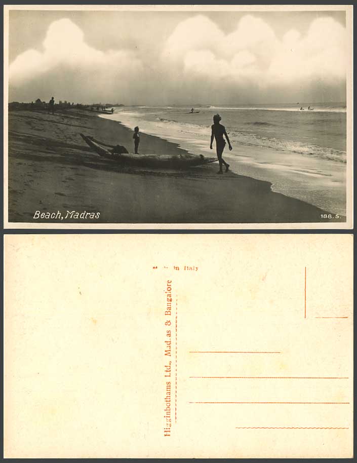 India Old Real Photo Postcard Beach, Madras, Native Surfing Canoes Boats Seaside