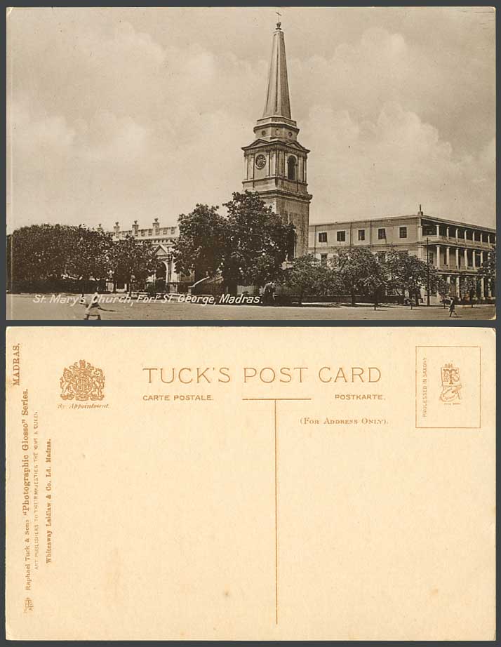 India Old Tuck's Postcard St. Mary's Church Fort St. George's MADRAS Clock Tower