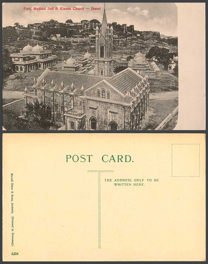 India Old Postcard Jhansi Fort Medical Hall and Kinson Church Moorli Dhur & Sons