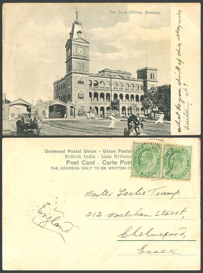 India KE7 1/2a x 2 1907 Old Postcard The Dock Offices Bombay, Clock Tower Street