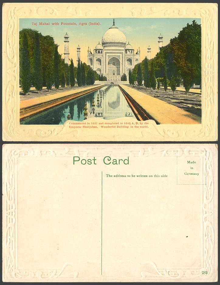 India Old Embossed Colour Postcard The Taj Mahal with Fountain Agra Gardens Lake