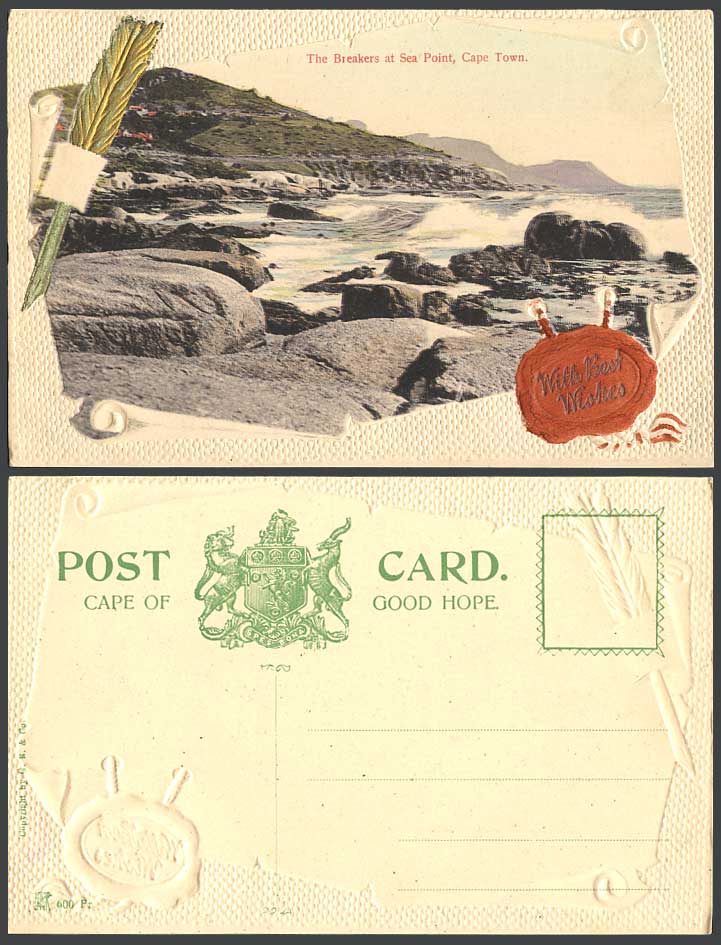 South Africa Cape Town The Breakers at Sea Point Old Postcard Embossed Wax Seal