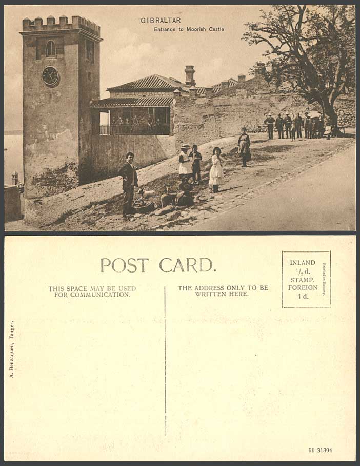 Gibraltar Old Postcard Entrance to Moorish Castle Clock Tower Soldier Police Dog