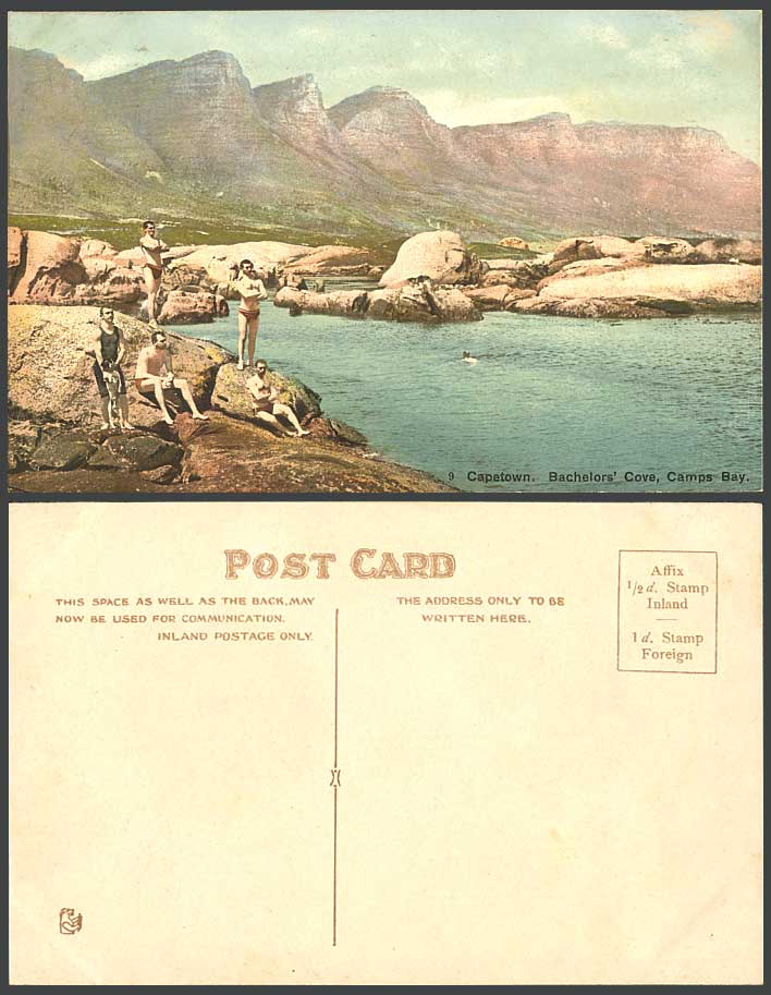 South Africa Old Postcard Cape Town, Bachelors' Cove, Camps Bay Bathers on Rocks