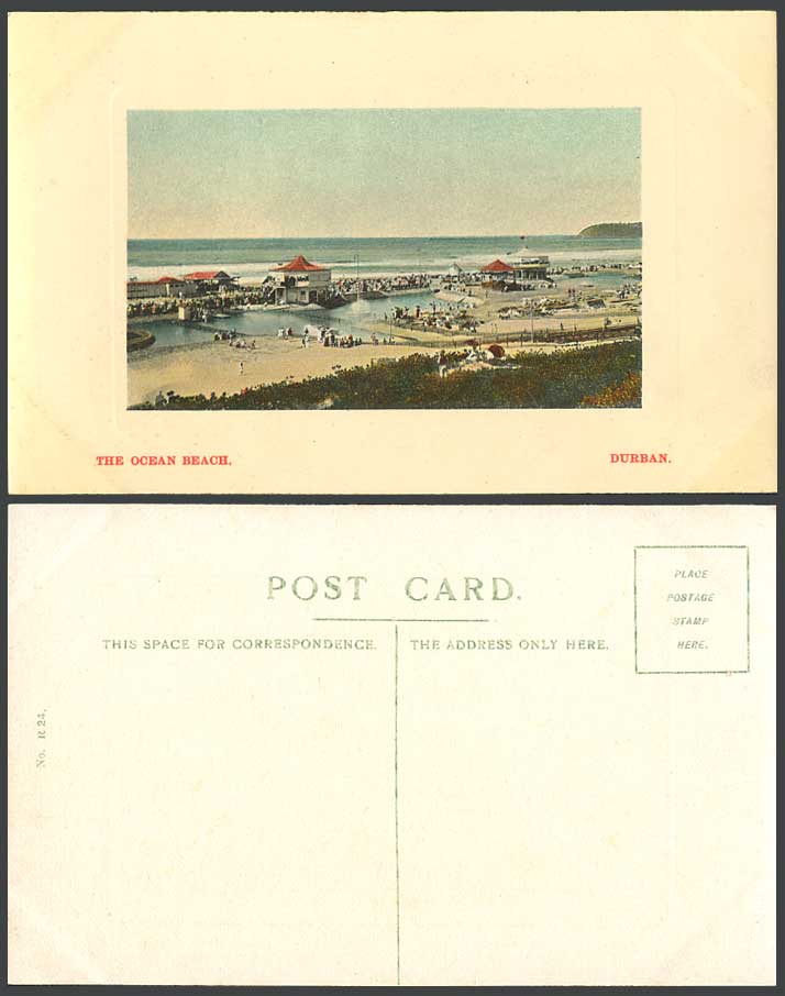 South Africa Old Embossed Colour Postcard Ocean Beach Durban, Bandstand Panorama