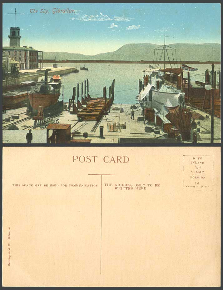 Gibraltar Old Colour Postcard The Ship British Flag Boats Panorama Benzaquen Co.