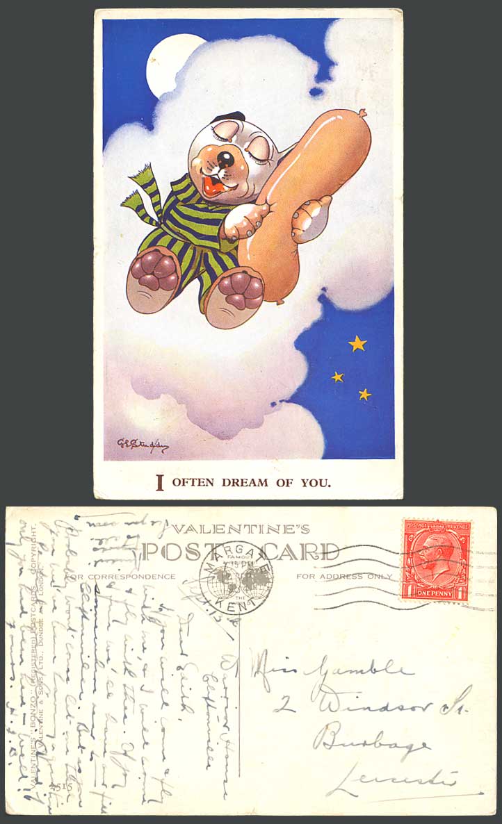 BONZO DOG G.E. Studdy 1934 Old Postcard I Often Dream of You. Sausage, Moon 2515