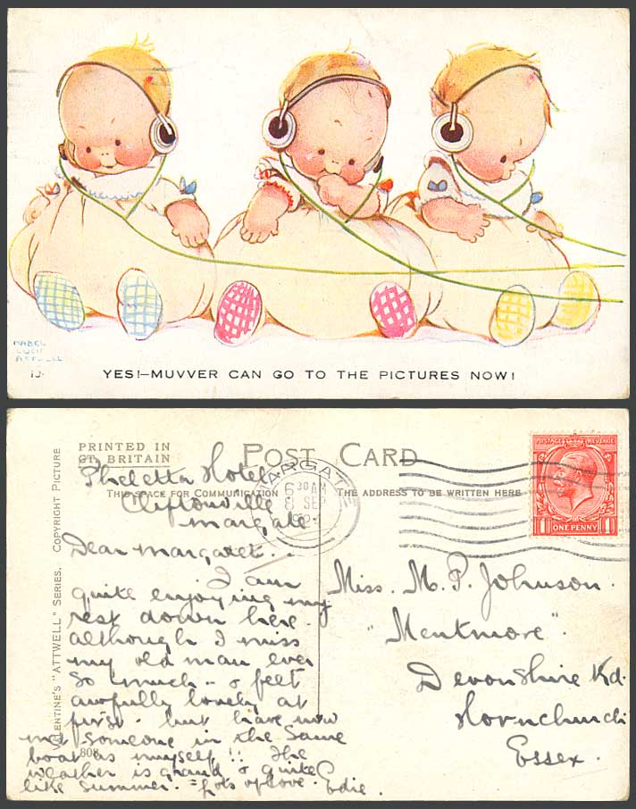 MABEL LUCIE ATTWELL 1924 Old Postcard Triplets Muvver Can Go to Pictures Now 808