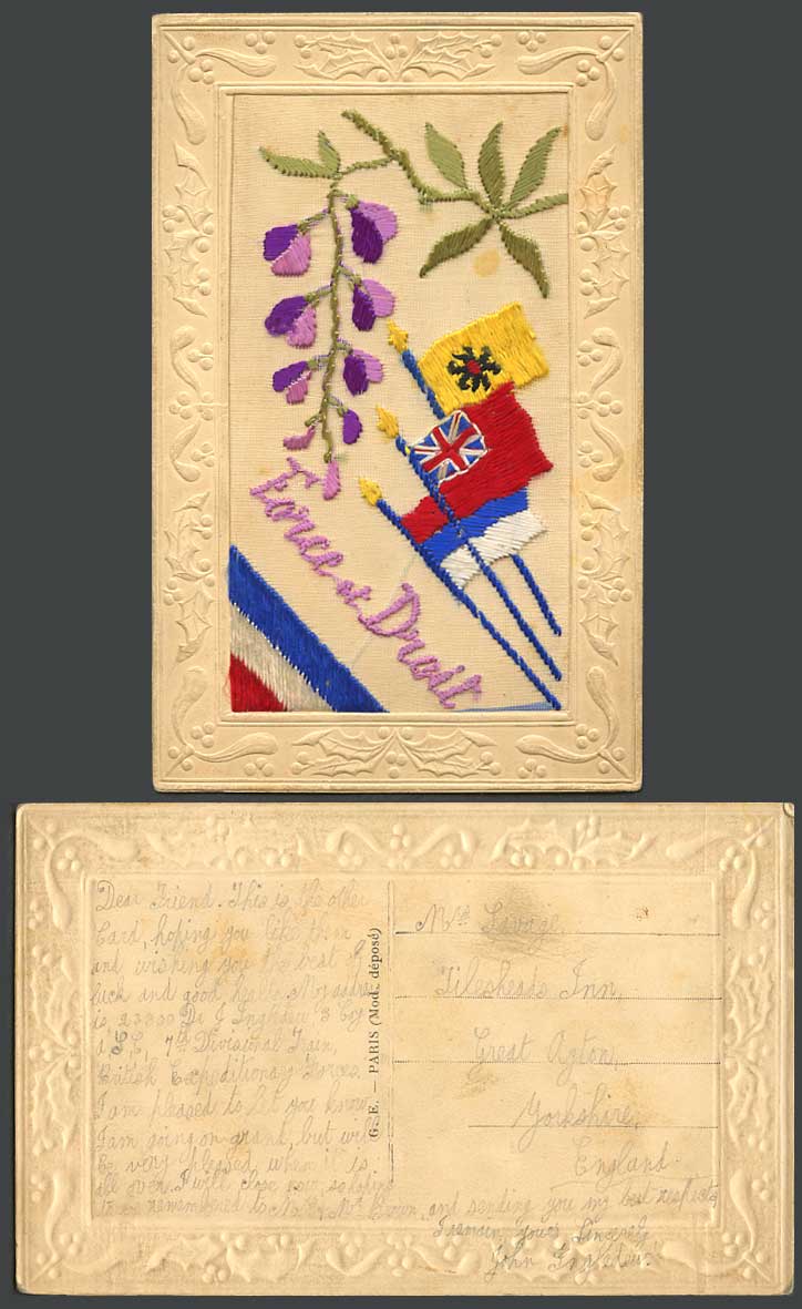WW1 SILK Embroidered Old Postcard Force et Droit (Strength & Law), Flags Flowers