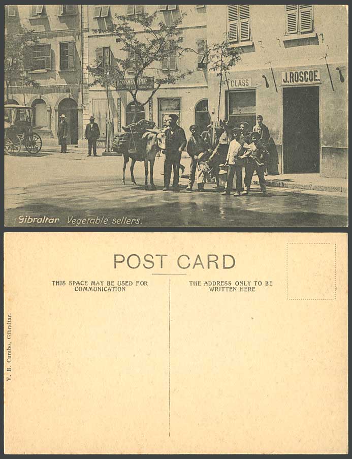 Gibraltar Old Postcard VEGETABLE SELLERS Donkey Boys Street Scene Piano Co Class