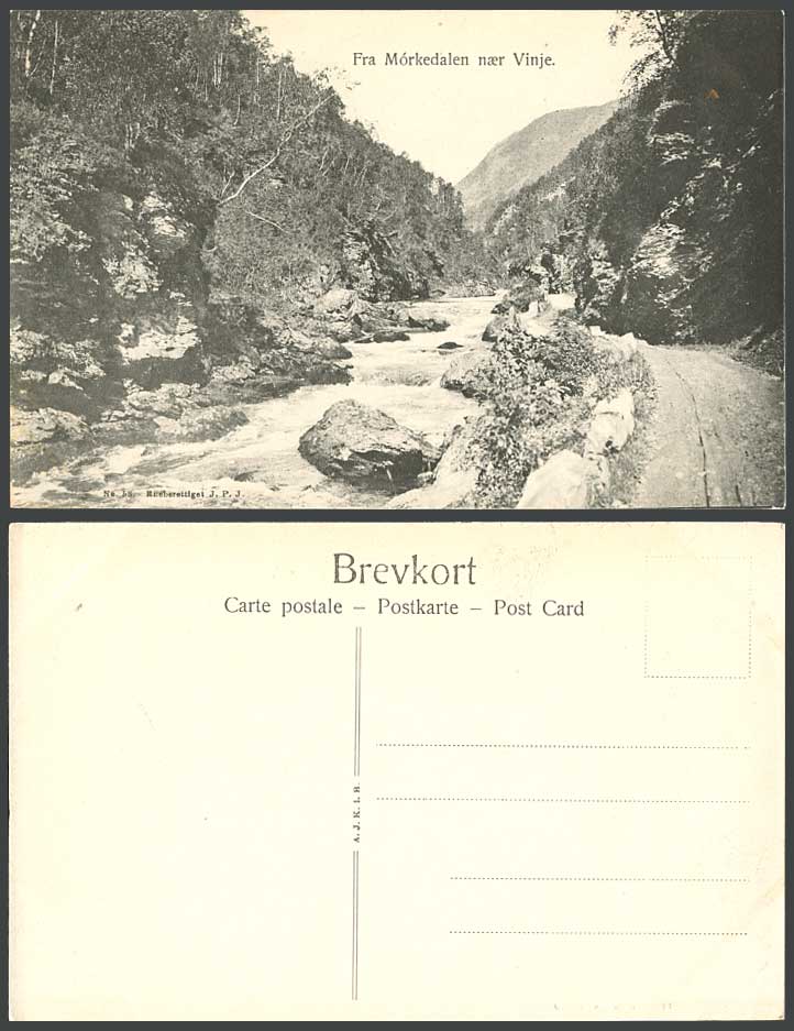Norway Old Postcard Fra Morkedalen naer Vinje, River Scene Rocks Mountains Road