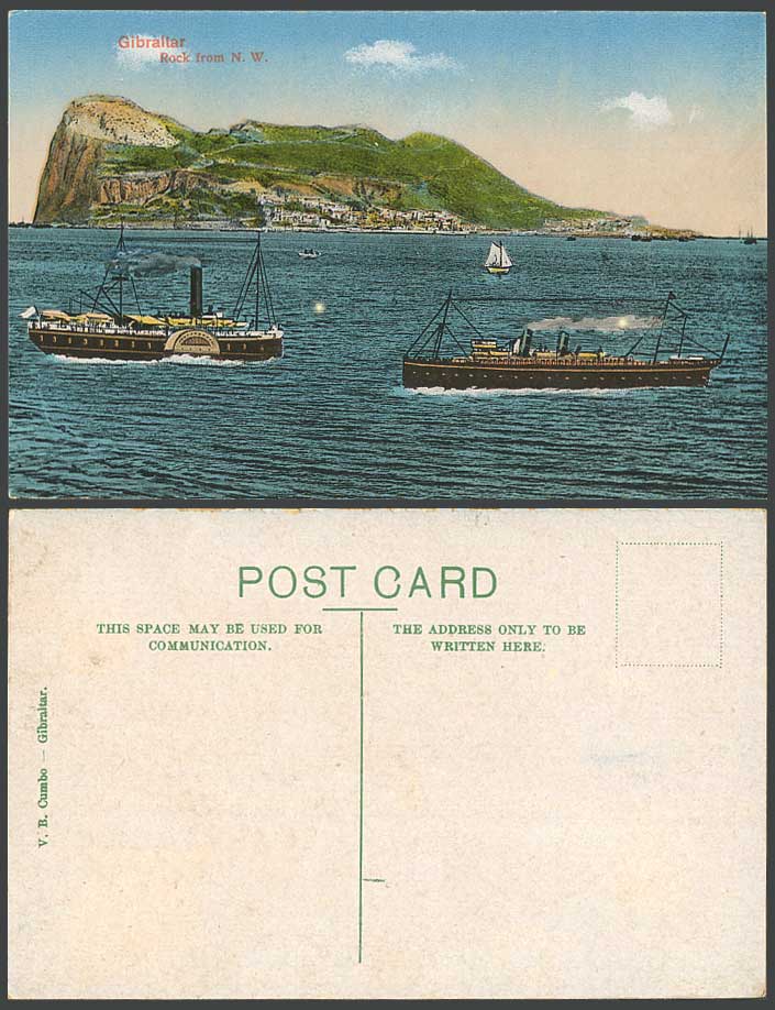 Gibraltar Old Colour Postcard Rock from N.W North West Paddle Steamer Steam Ship