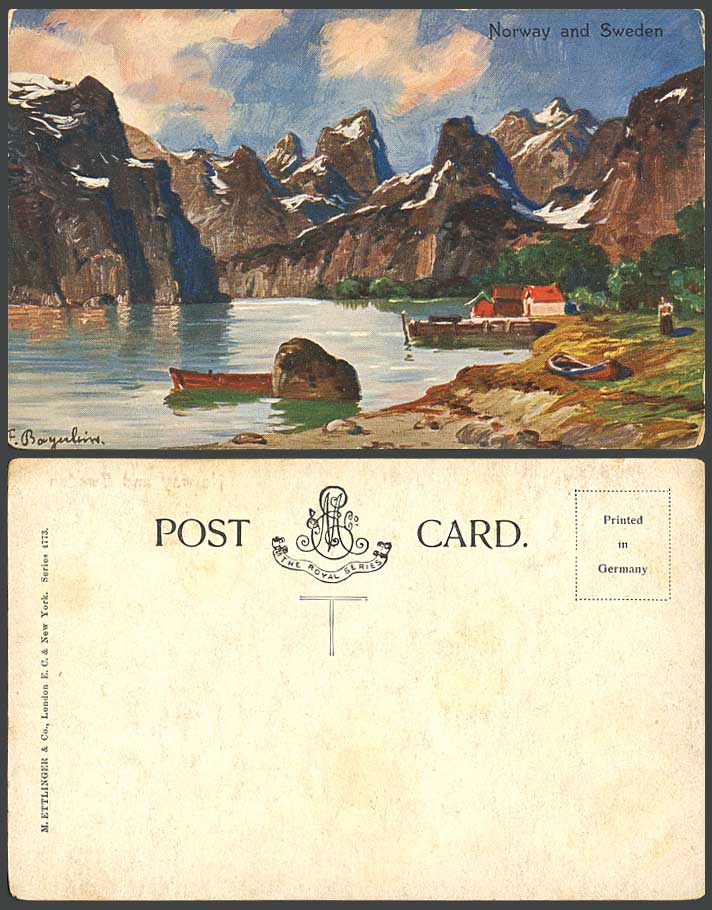 Norway and Sweden Artist Signed Mountain Lake Boats Panorama Old Colour Postcard