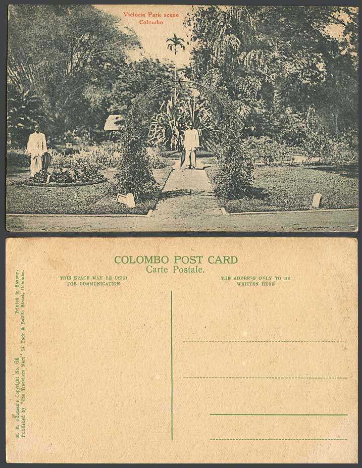 Ceylon Old Postcard Victoria Park Scene Colombo Arch MB Uduman's Travellers Mart