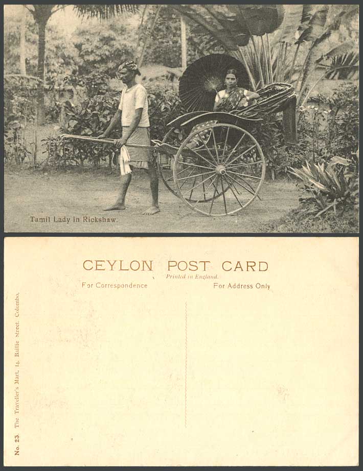 Ceylon Old Postcard Tamil Lady Woman in Rickshaw, Umbrella Colombo Native Coolie