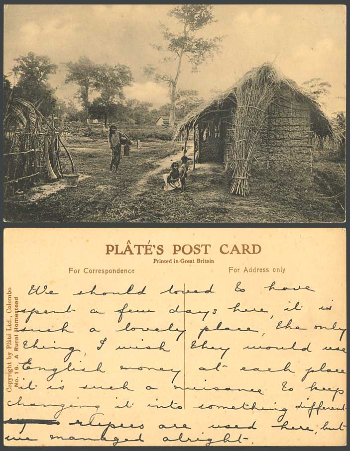 Ceylon Old Postcard A Rural Homestead Native House Hut Woman Girl Baby Boy No.16