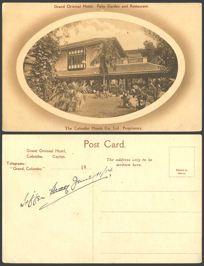 Ceylon 1914 Old Postcard Grand Oriental Hotel Palm Garden Restaurant Colombo GOH